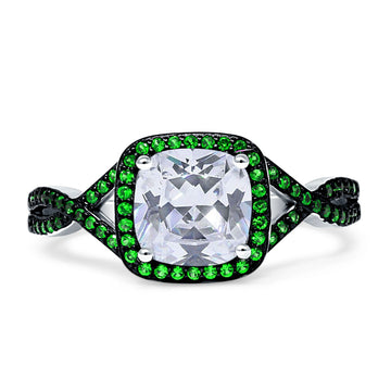 Halo Cushion Infinity Twist Side Stone Green Emerald CZ Engagement Ring Cubic Zirconia 925 Sterling Silver Wholesale